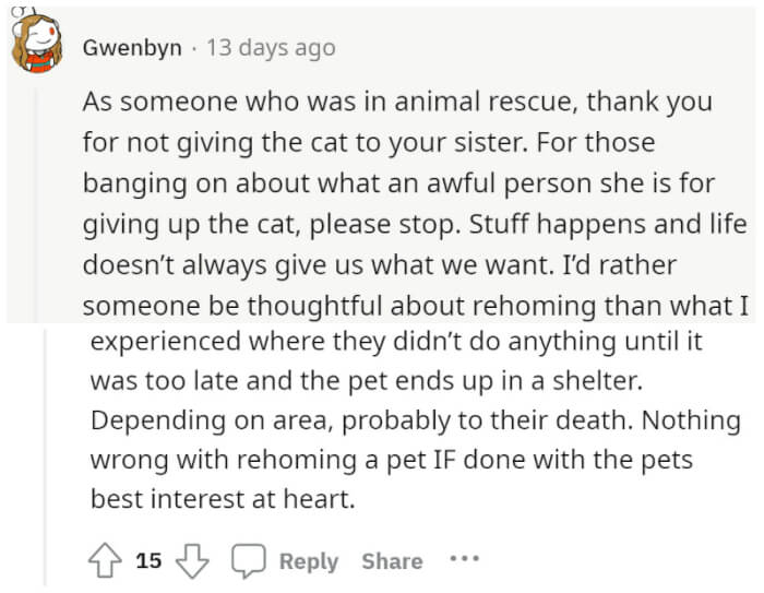  rehome her cat to her sister's house