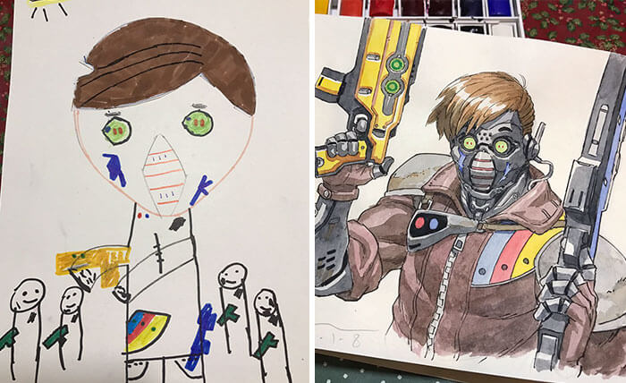 Children's doodles become masterpieces through dad's hands
