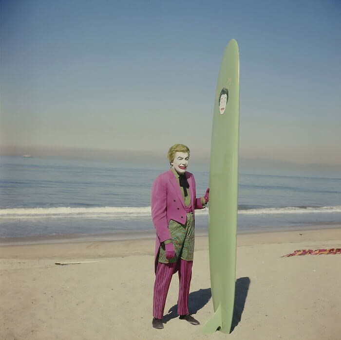 Cesar Romero Preparing For His Surfing Scene With Adam West On Batman