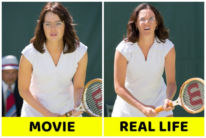 images of the historical figures Emma Stone as Billie Jean King, Battle of the Sexes