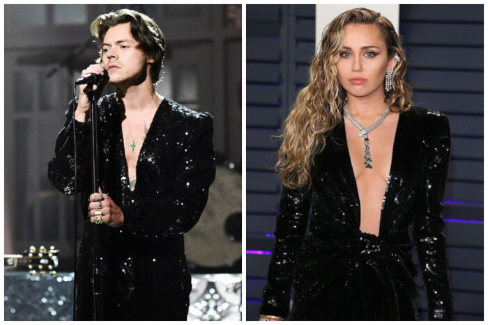 Miley Cyrus and Harry Styles were positively glowing in low-cut sequin outfits.