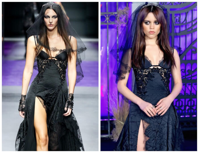 runway models vs celebrities Jenna Ortega wearing Versace