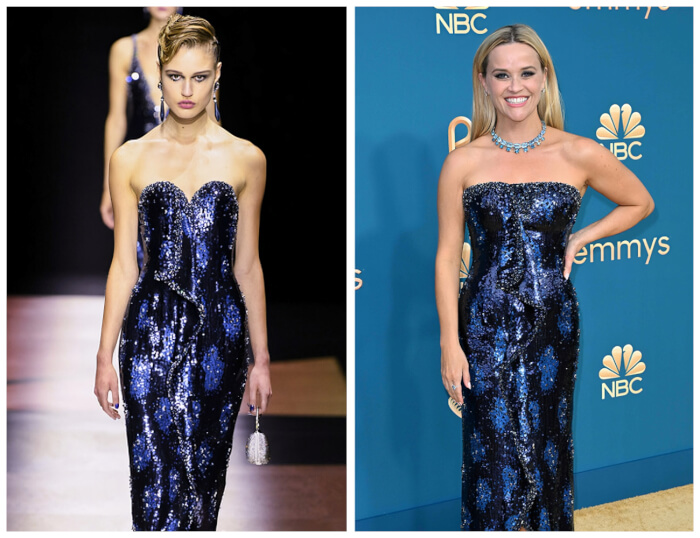 runway models vs celebrities Reese Witherspoon wearing Armani Privé