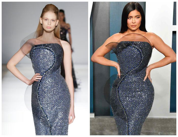 runway models vs celebrities Kylie Jenner wearing Ralph & Russo