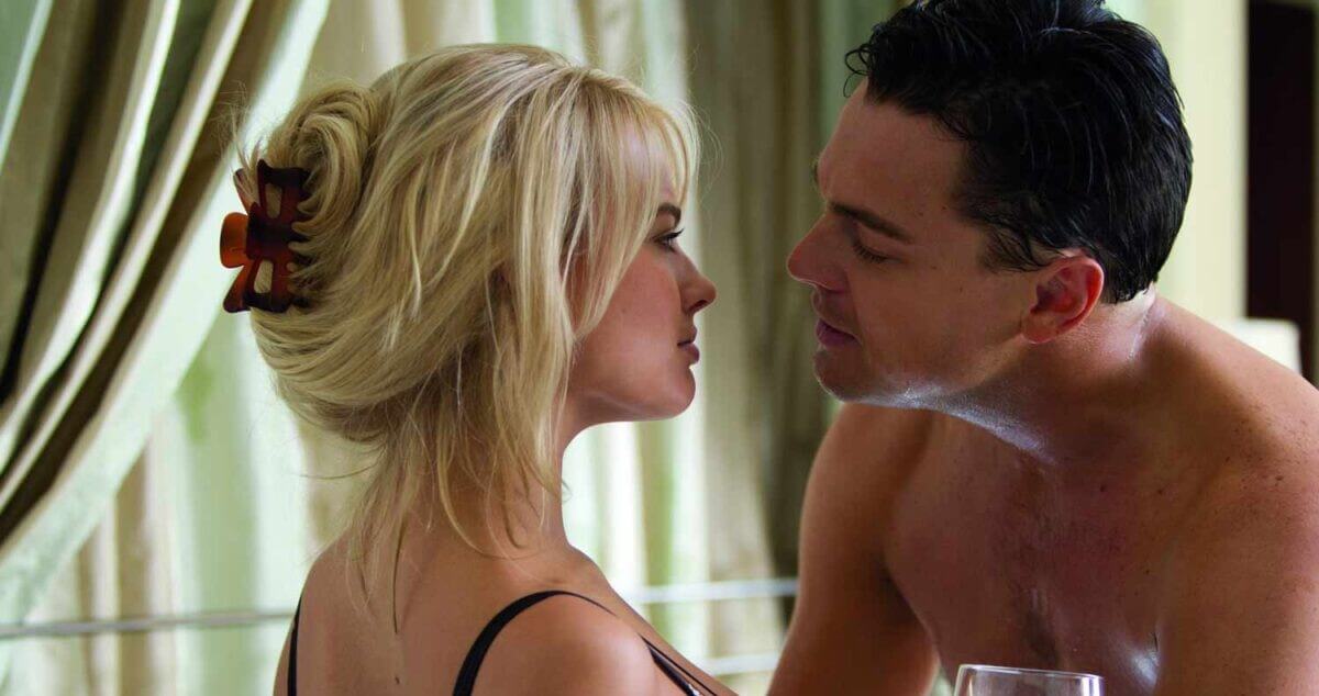 intimate moments Margot Robbie and Leonardo DiCaprio in The Wolf of Wall Street