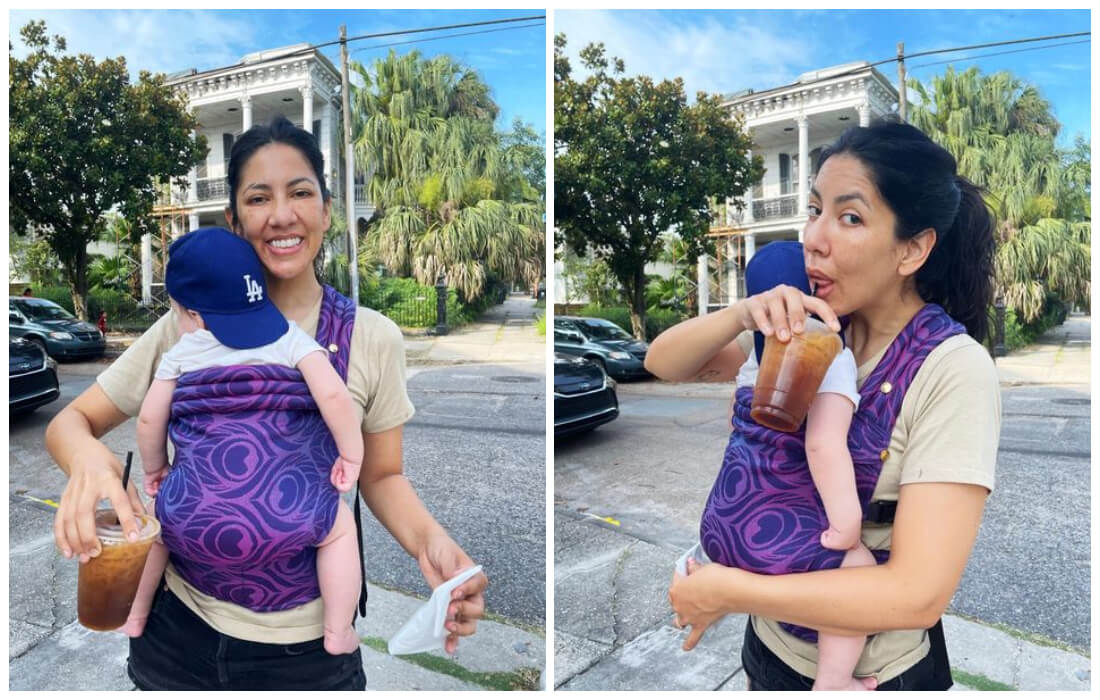 Stephanie Beatriz took a sip while carrying her little bub.