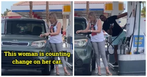 Woman Struggling With Buying Gas Blessed By A Sneaky Stranger
