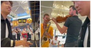 Two Strangers Join With A Guy Playing Piano At The Airport For An Epic Performance