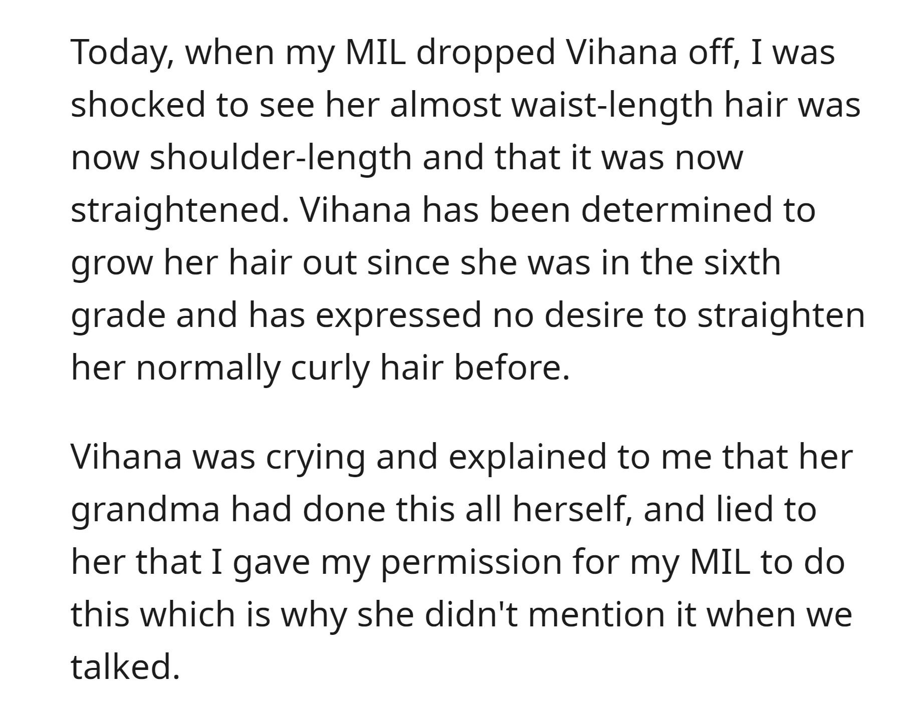 OP was shocked to find her daughter's hair had been cut