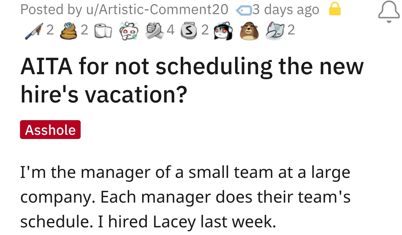 OP is a manager, and last week, they hired Lacey