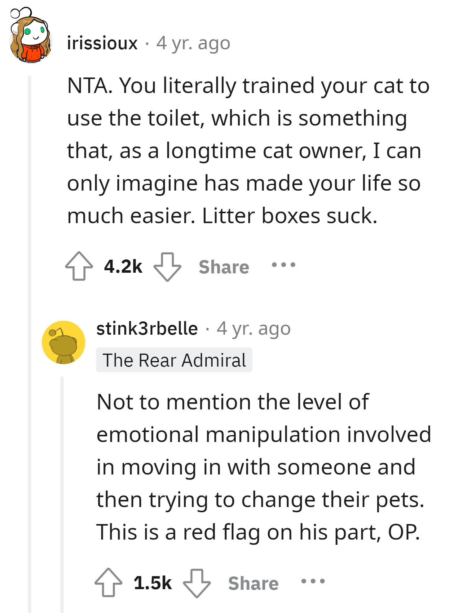 Commenter supports the OP's choice of toilet training for her cat