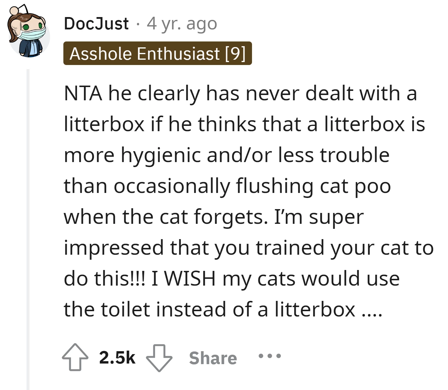 Commenter states that the boyfriend lacks experience with litter boxes