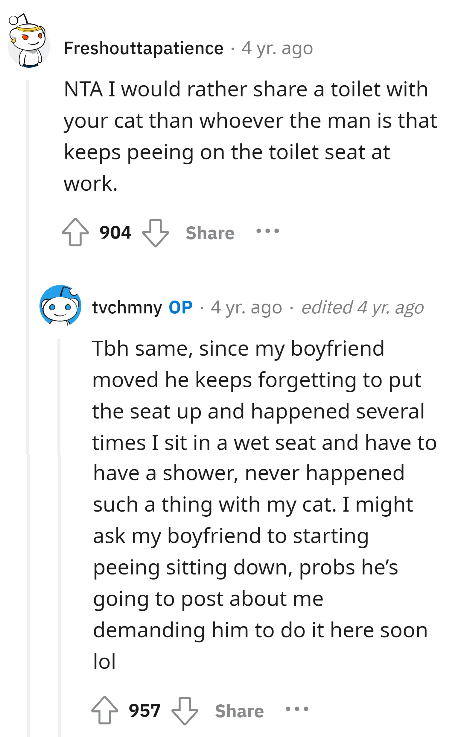 Commenter prefers sharing a toilet with the OP's cat