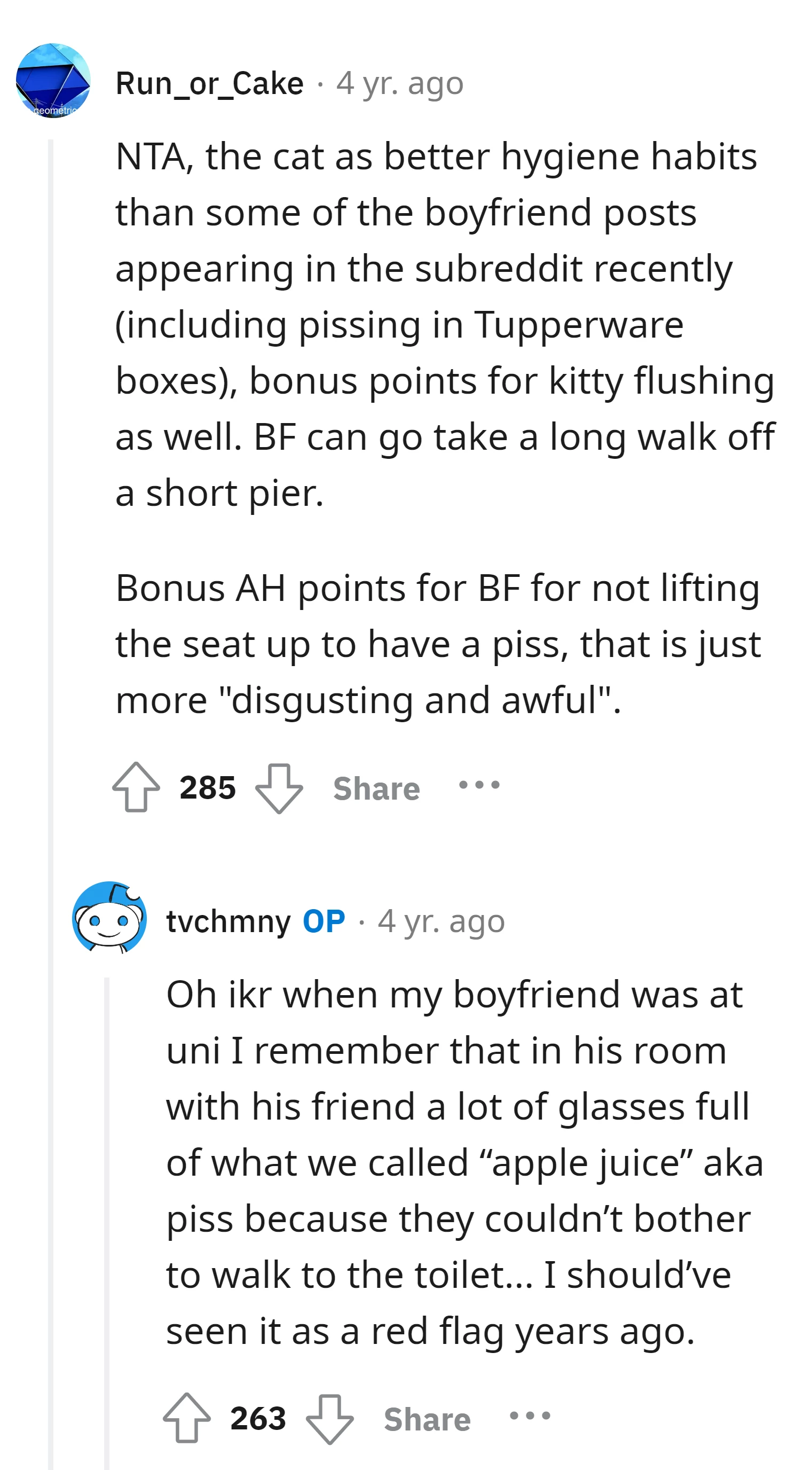 OP also shared a personal experience of the boyfriend's past unsanitary behavior