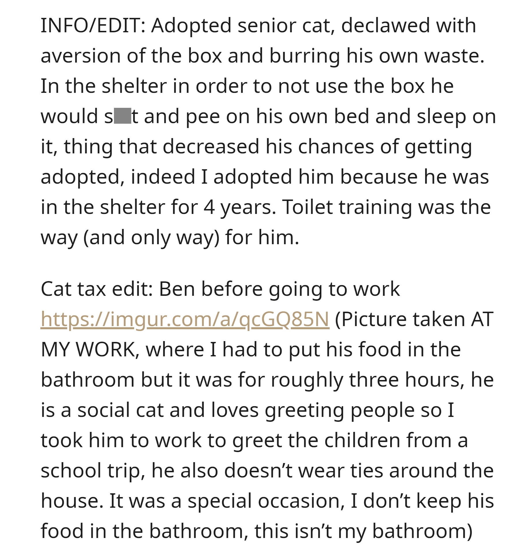 The cat has an aversion to the litter box and a history of soiling his bed in the shelter