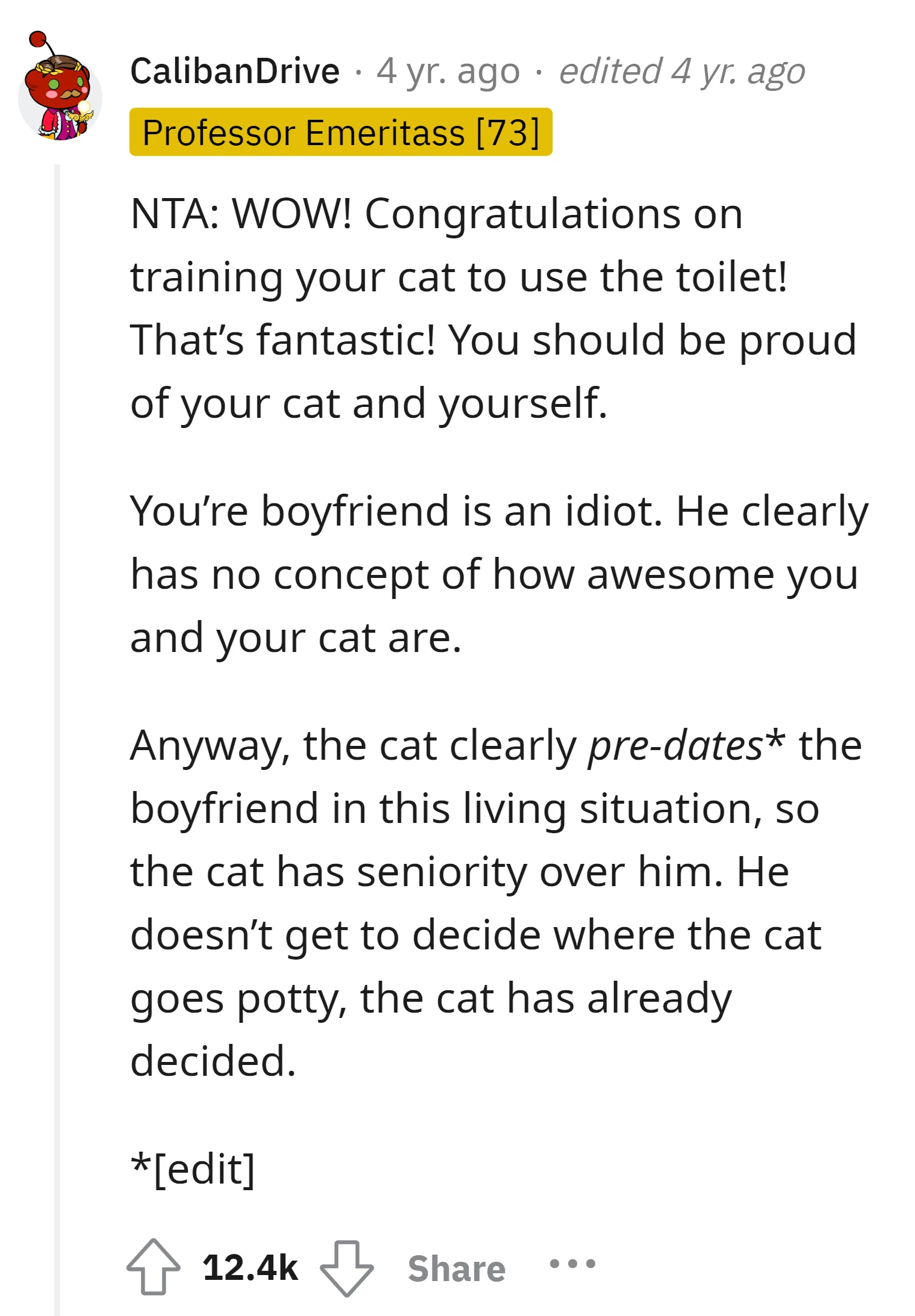 Commenter applauds the OP for successfully toilet-training her cat