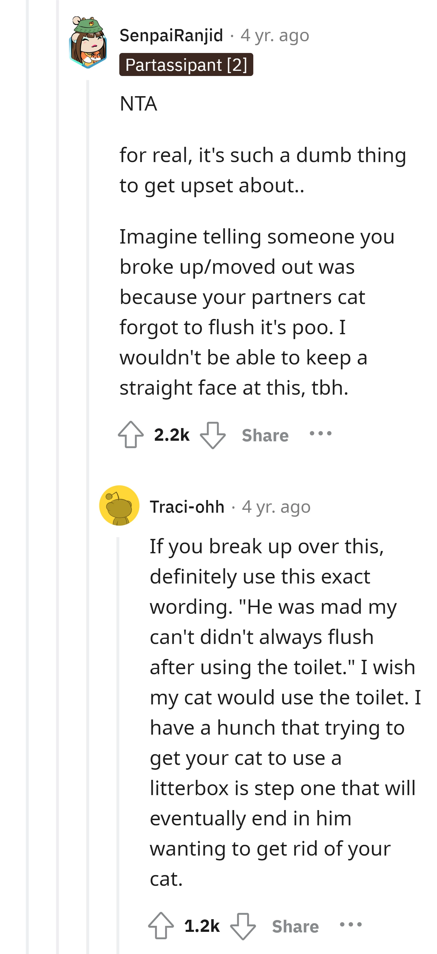 It's absurd and humorous that someone would get upset over a cat not flushing