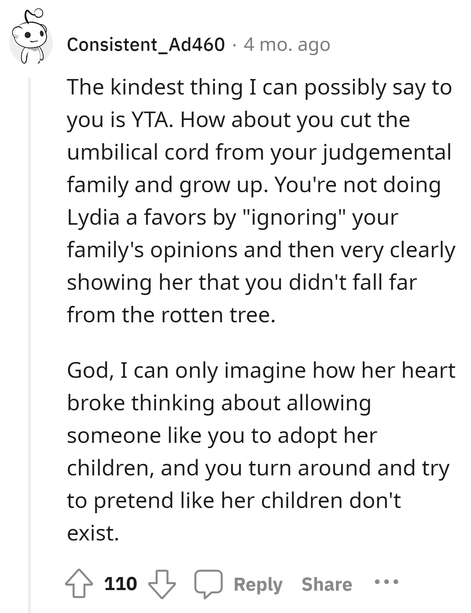Redditor expresss empathy for Lydia's potential heartbreak over considering the OP to adopt her children