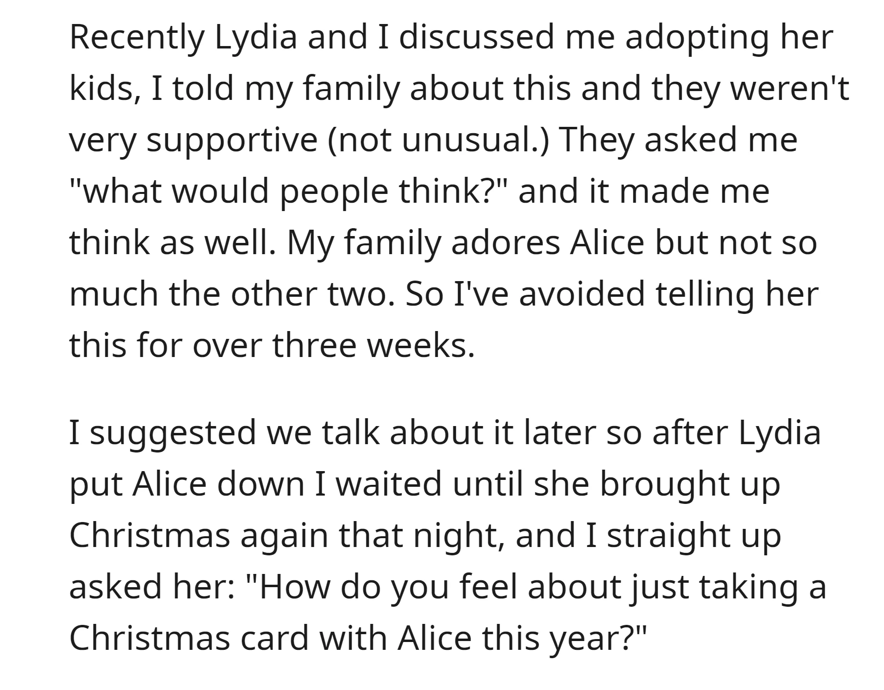 OP asked his wife about the possibility of taking a Christmas card with just their daughter