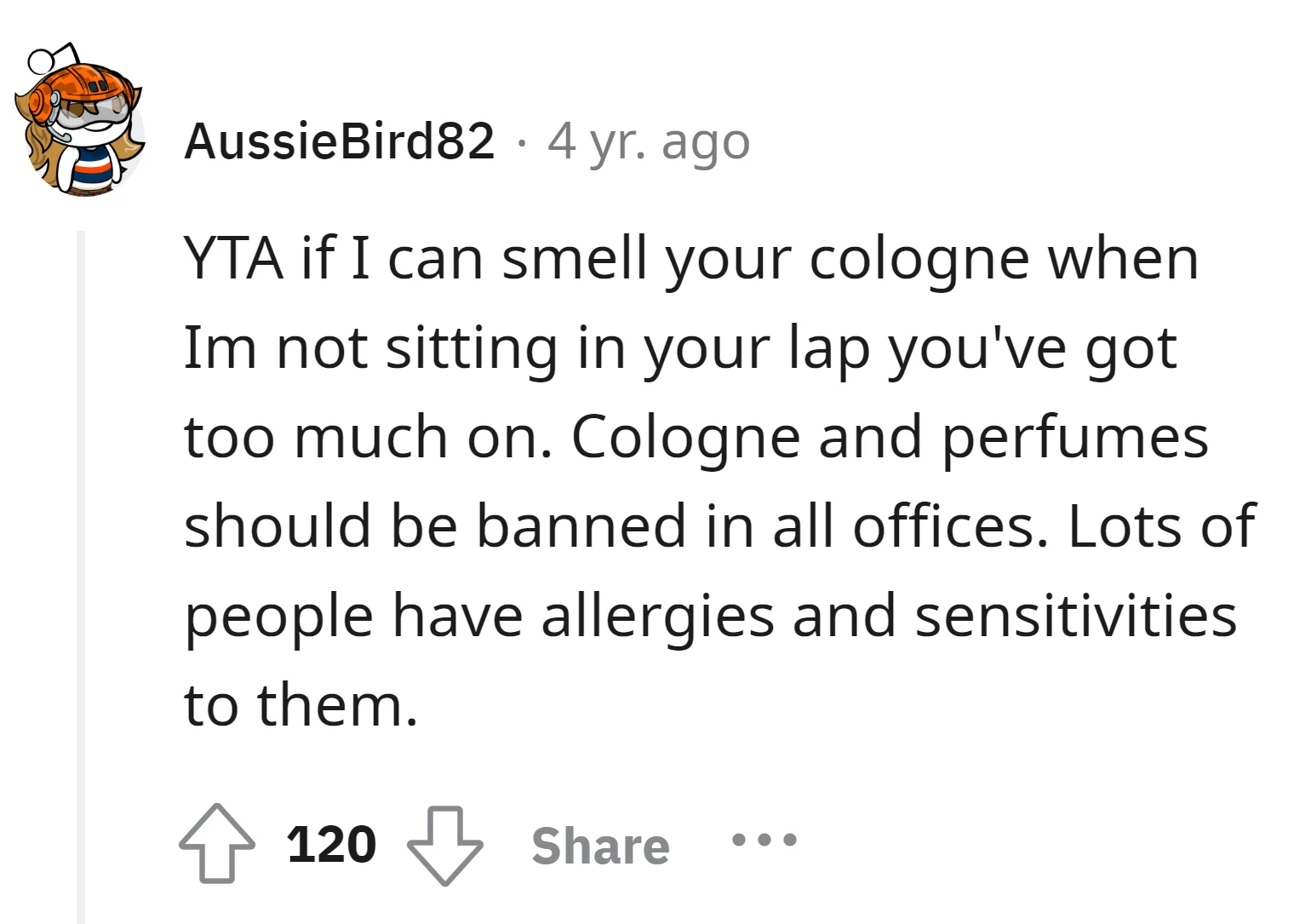 Strong cologne or perfumes in office settings should be banned