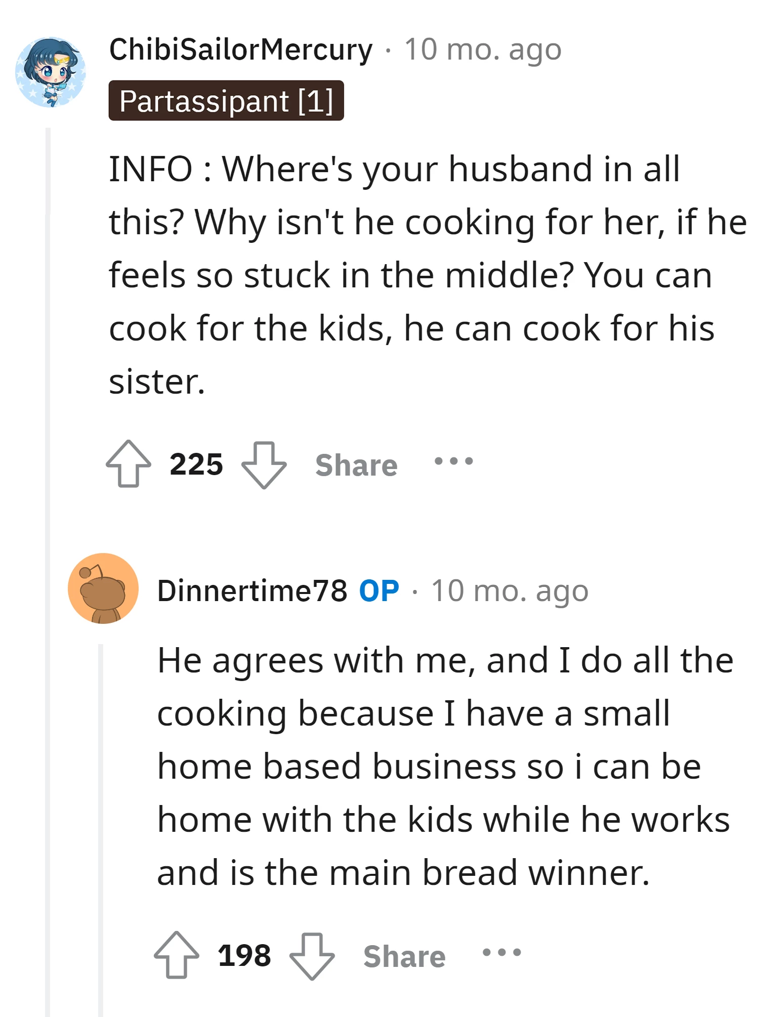OP does all the cooking because she has a small home-based business, allowing her to be home with the kids