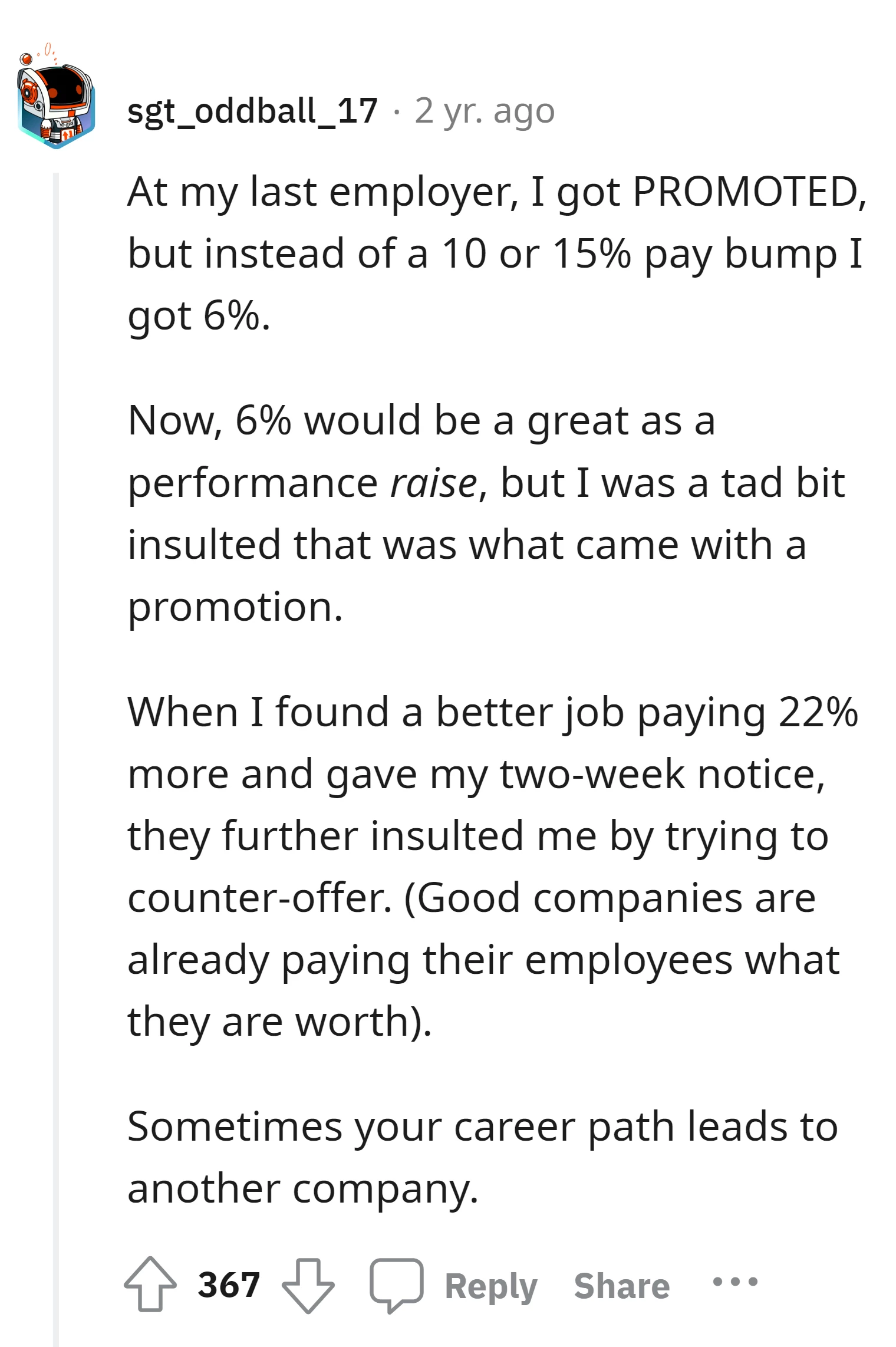 Redditor decided to move on to a new job that offered a 22% higher salary