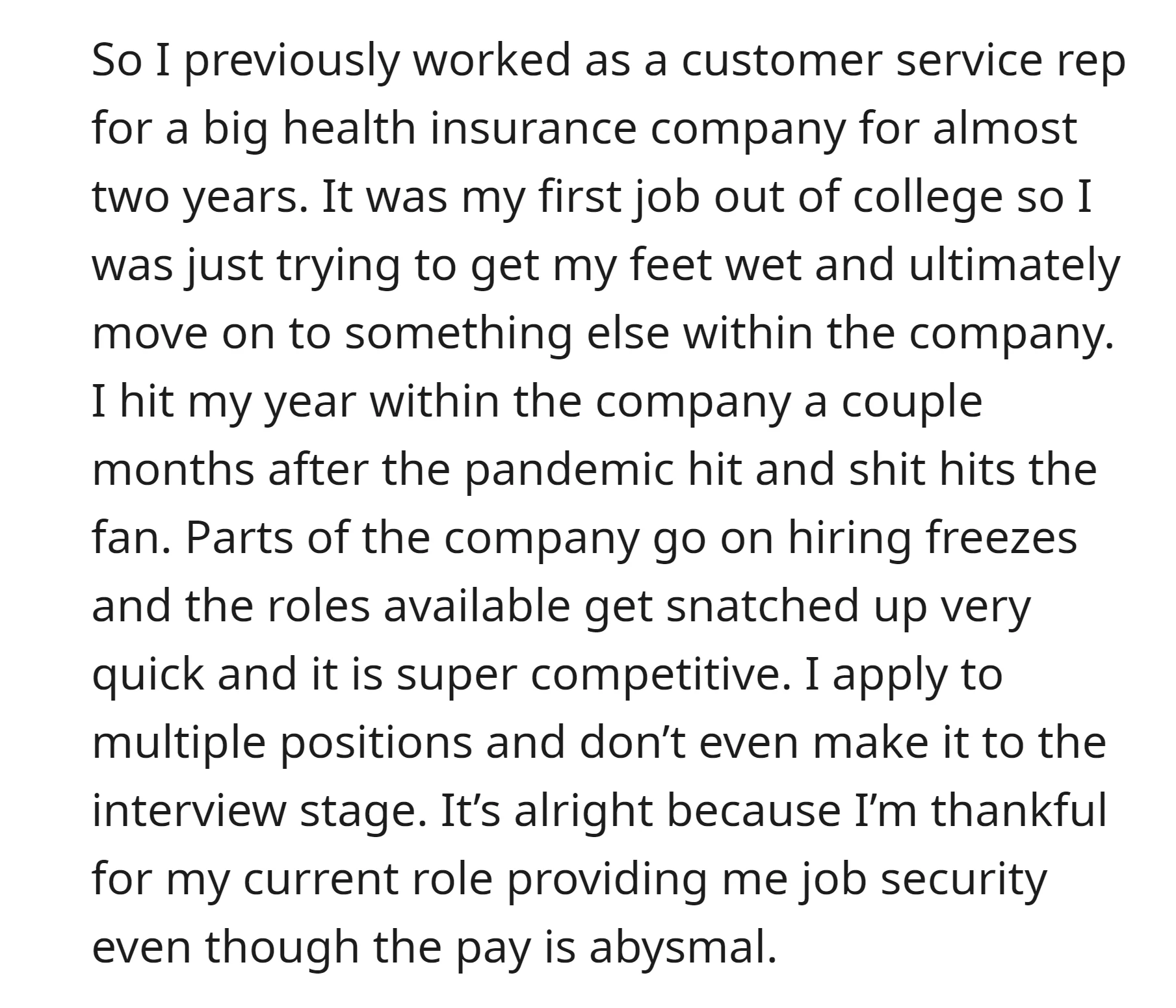 OP was grateful for job security despite low pay