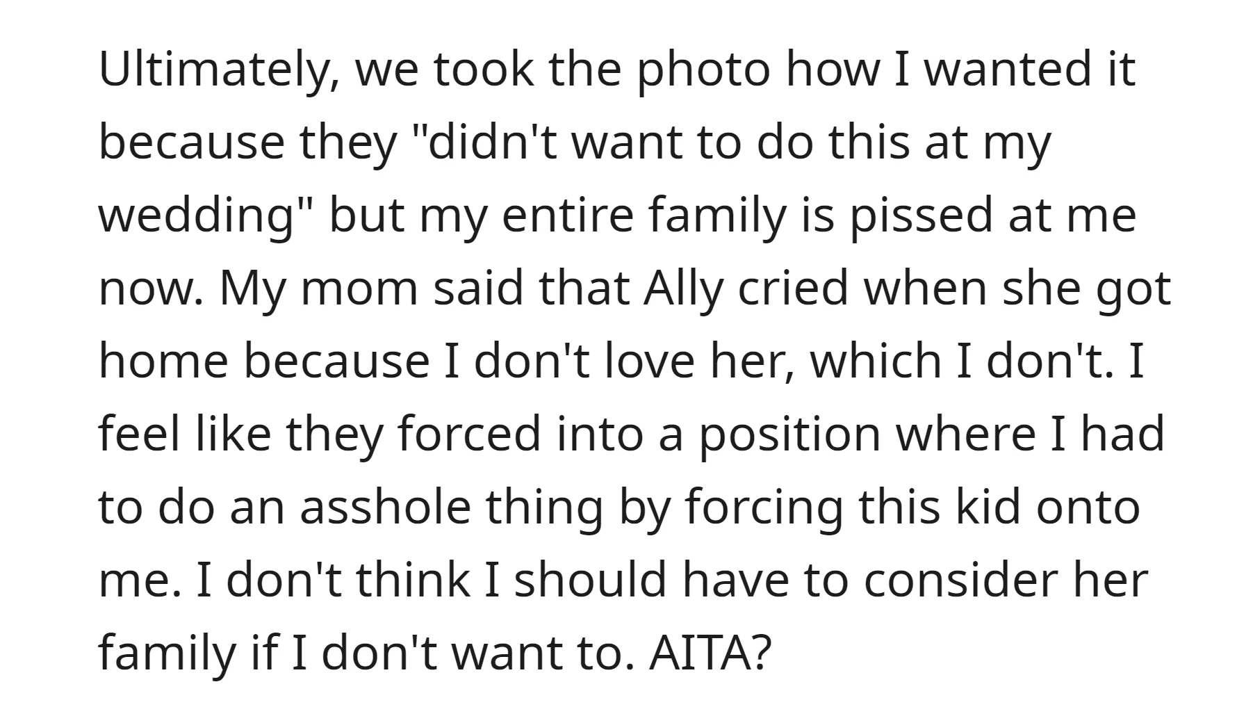OP faced family backlash after insisting on a wedding photo without Ally
