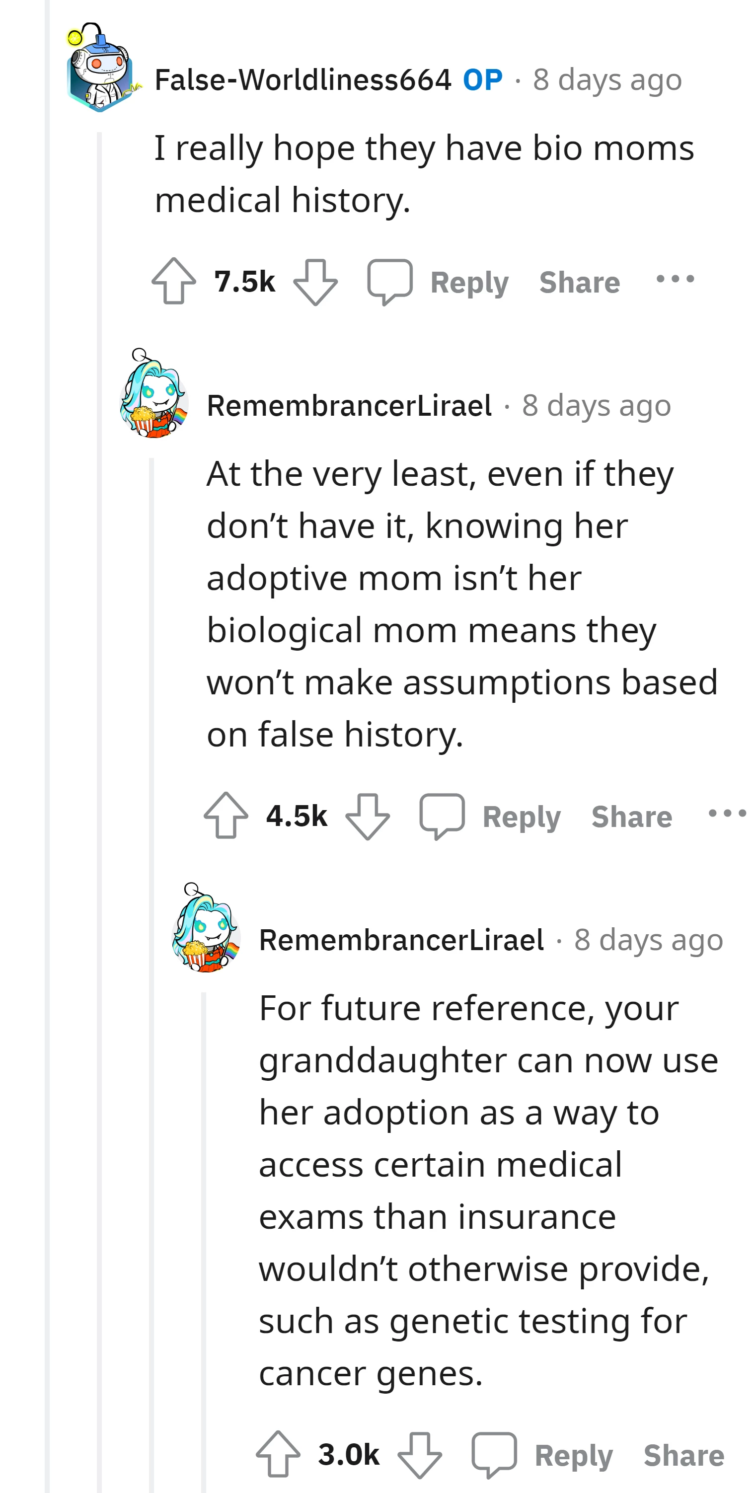 Commenter expresses hope that the adoptive family has the biological mother's medical history