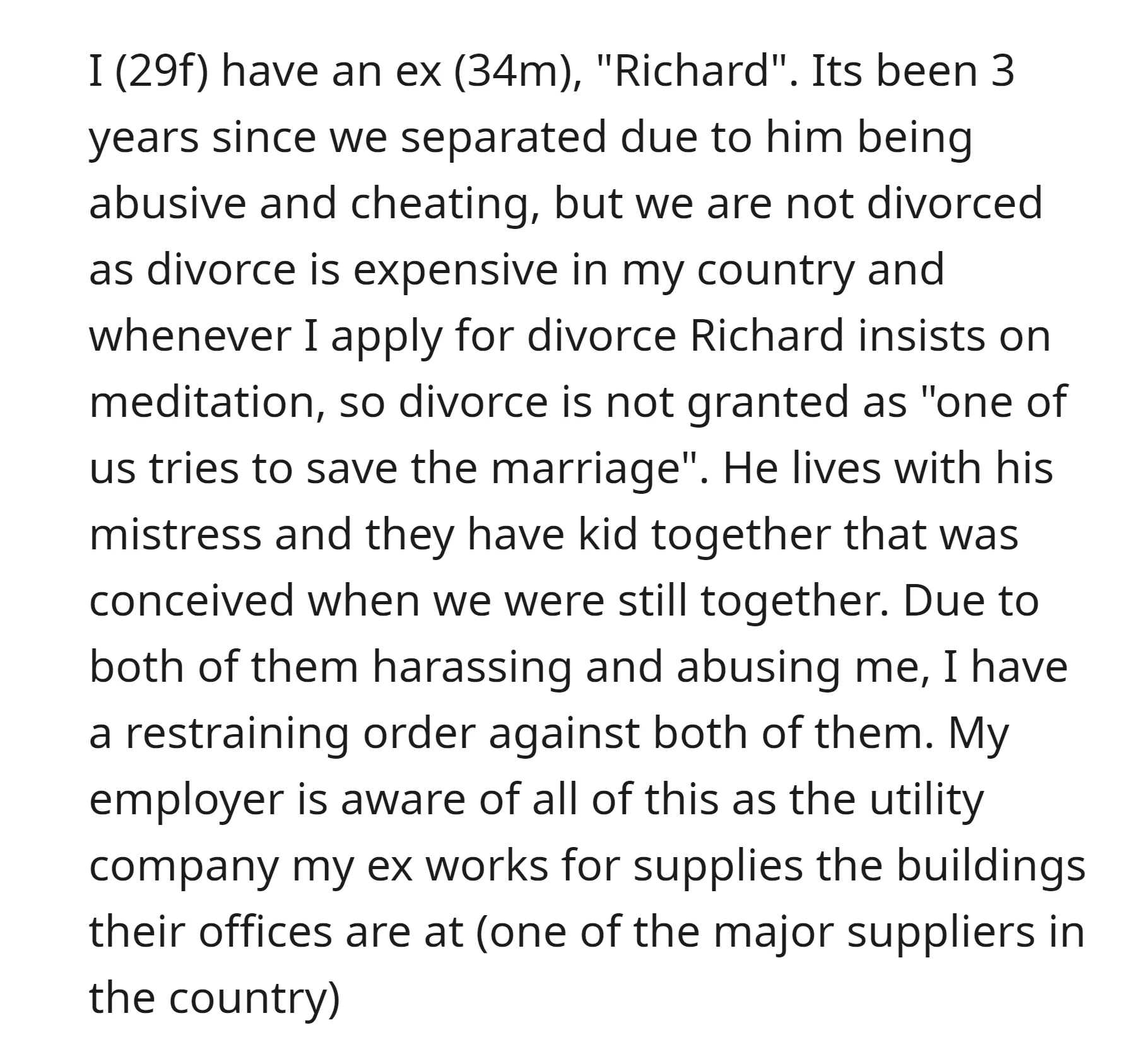 OP is currently unable to finalize a divorce with her abusive ex-husband