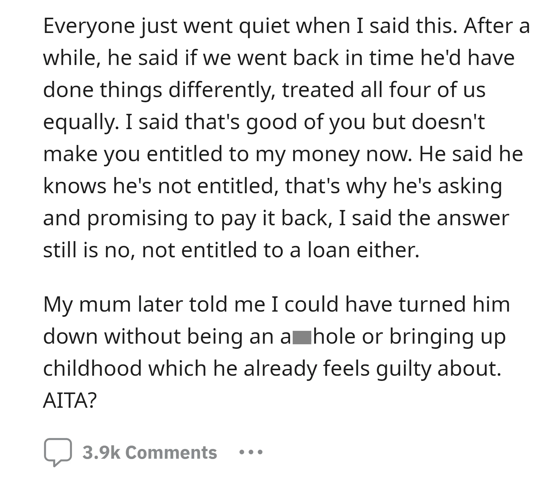OP brought up past disparities in assistance during her upbringing