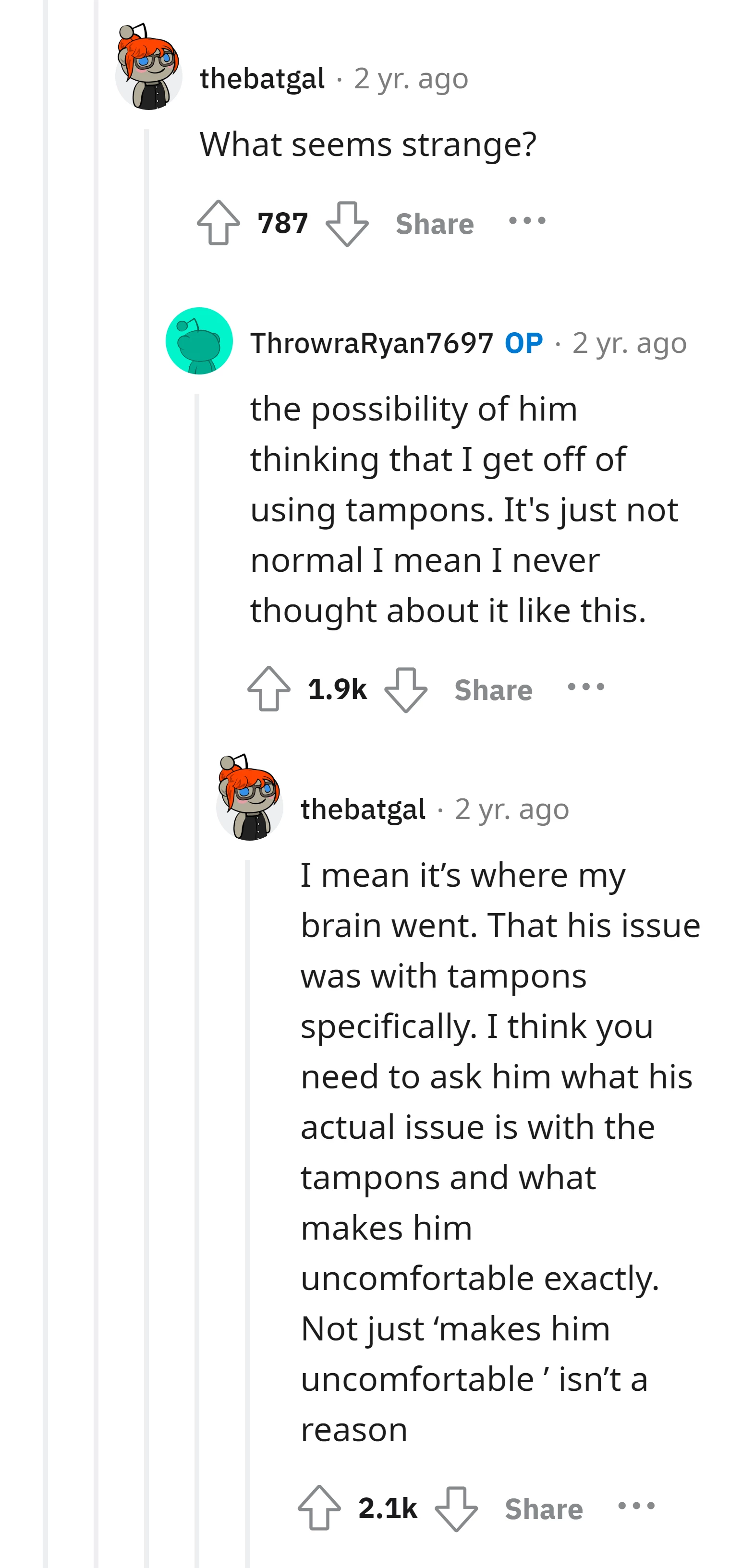 OP finds it strange that commenters speculate about her husband thinking she gets pleasure from using tampons