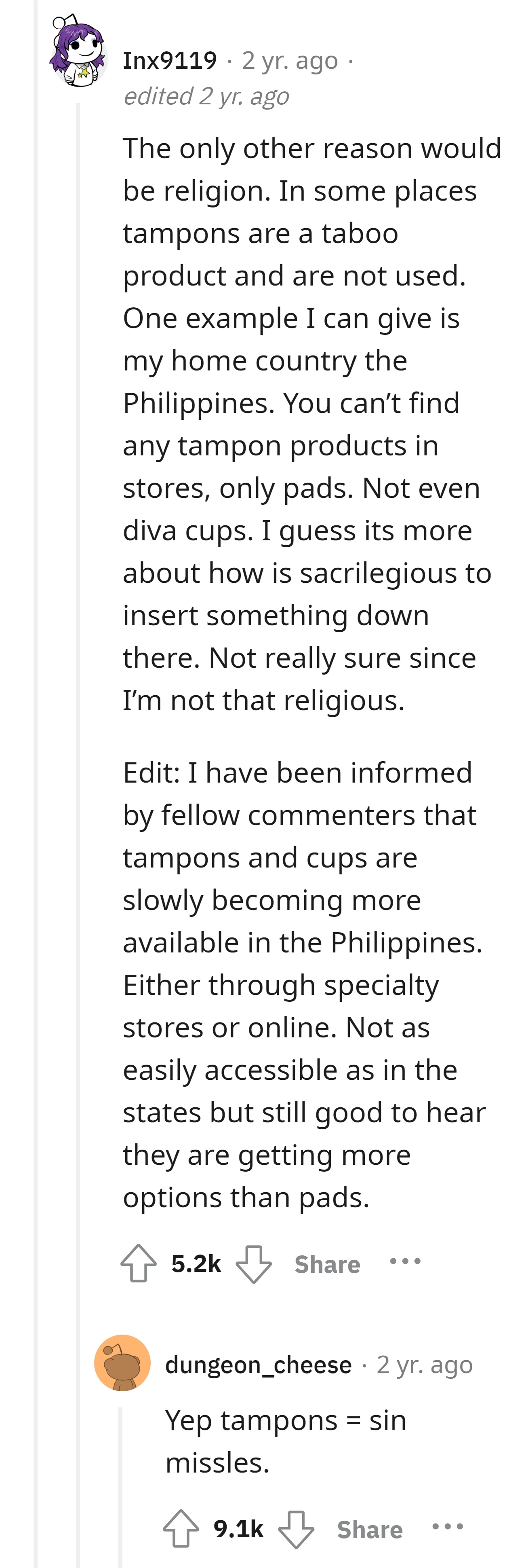 The husband's discomfort with tampons might be rooted in religious beliefs