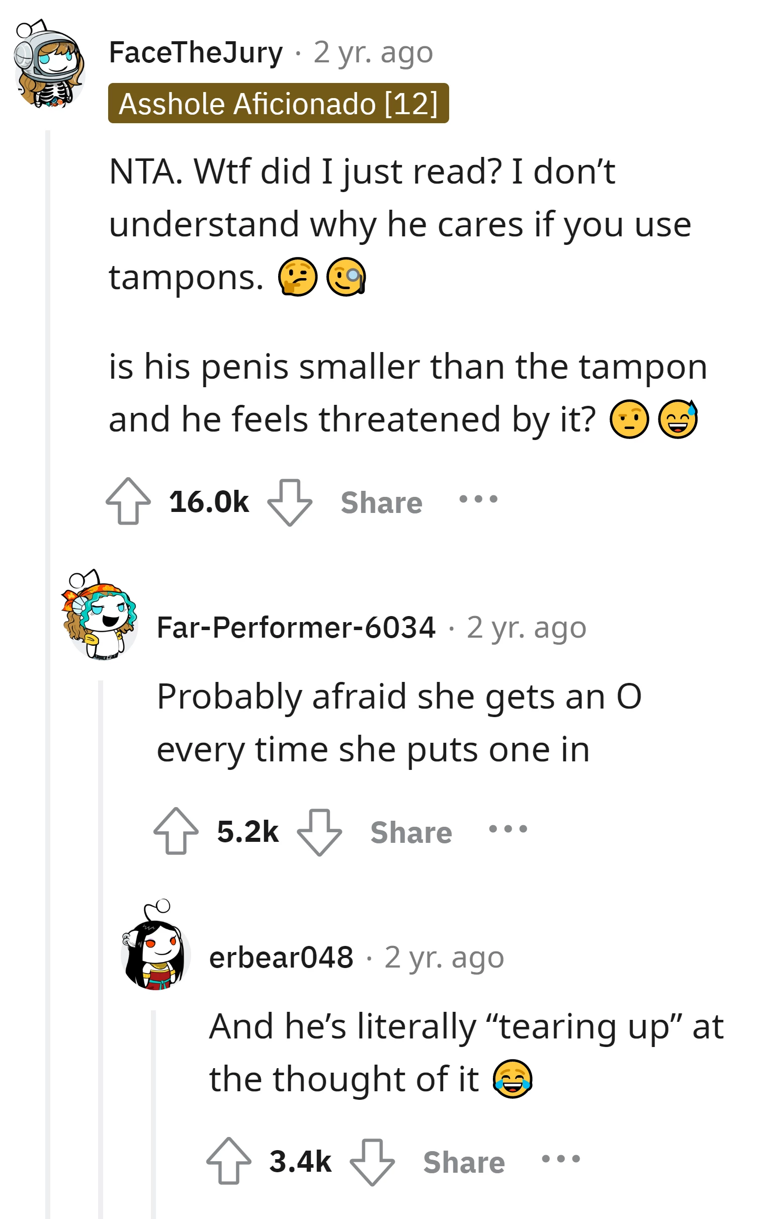 Commenters express confusion and amusement at the husband's concern over tampons