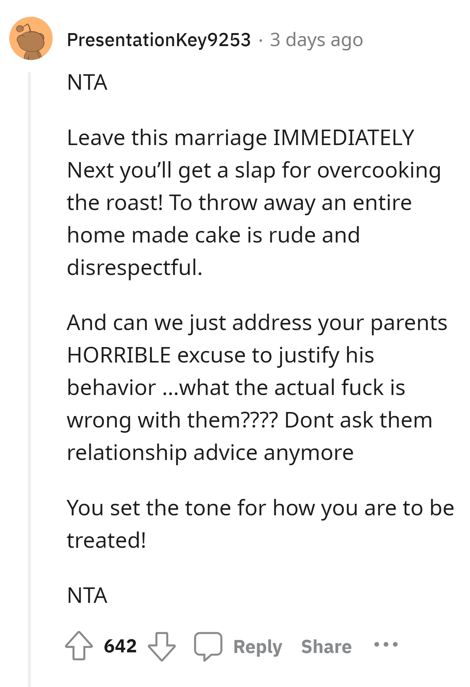 Redditor advised OP to leave the marriage immediately