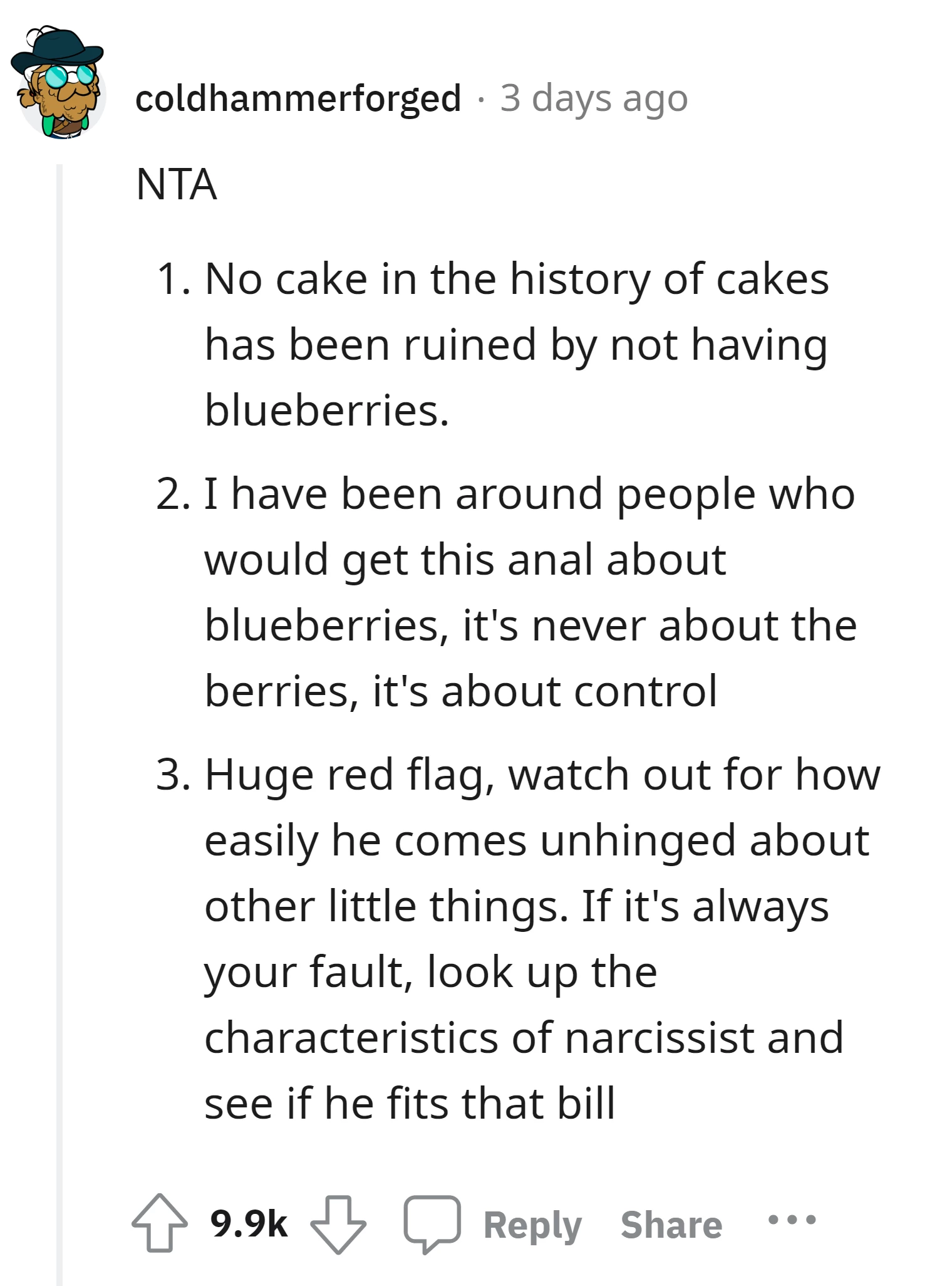 This Redditor emphasized that the husband's reaction over missing blueberries was a potential red flag