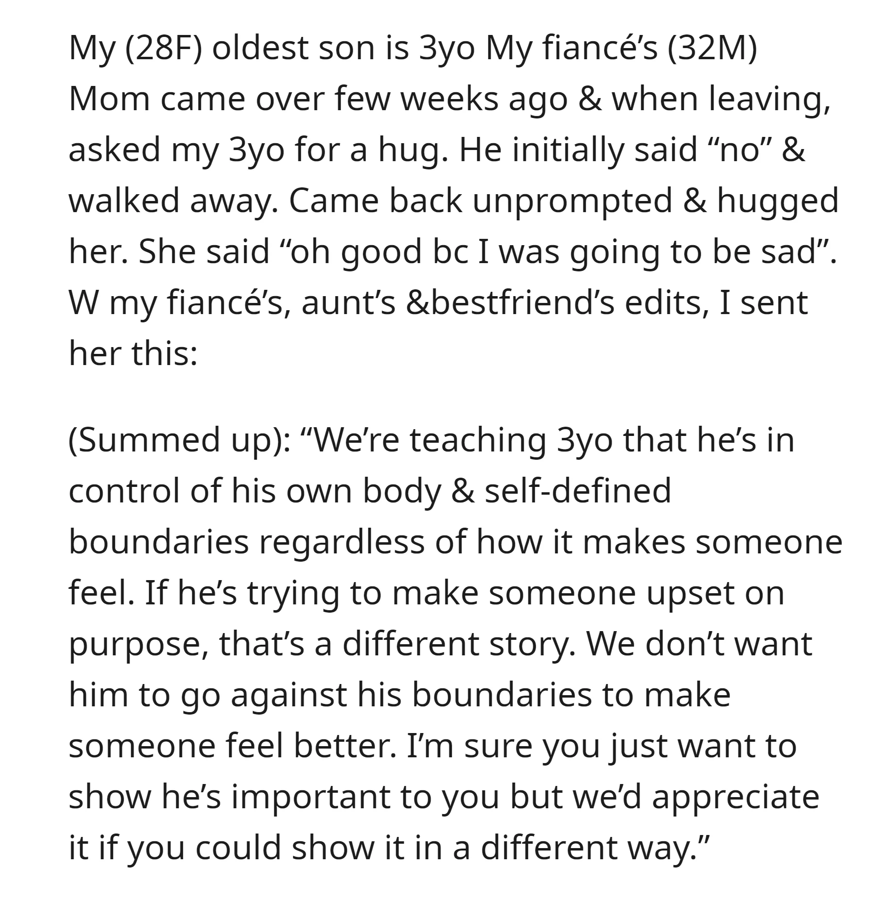 OP explained to her fiancé's mom that they're teaching their son about personal boundaries