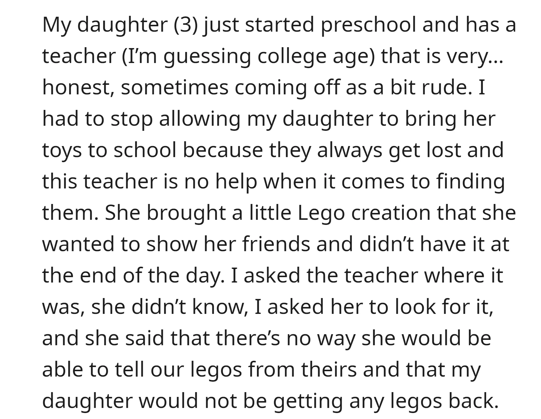 Teacher of OP's daughter refused to help find her lost Lego creation