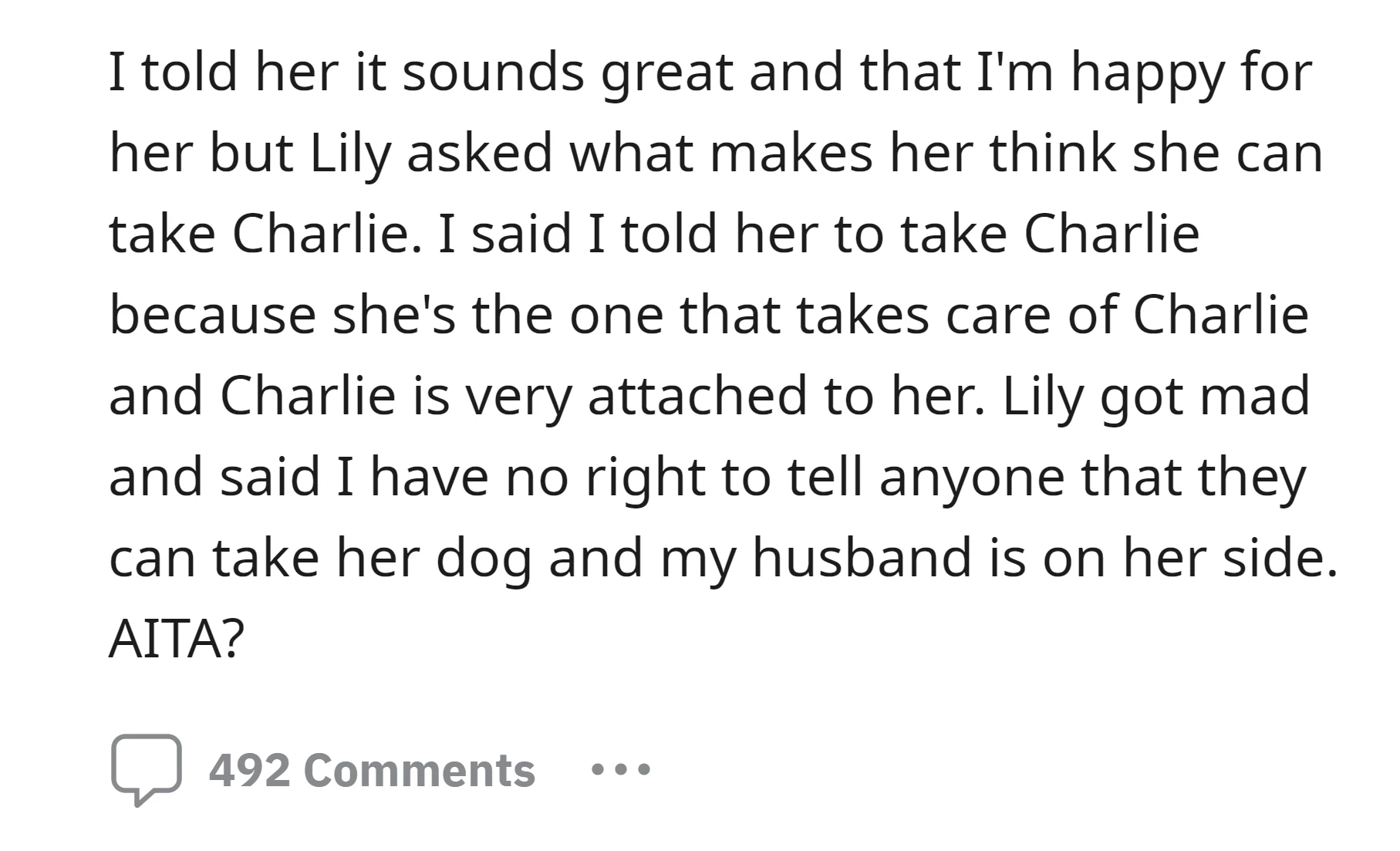 Lily got upset when the OP told Phoebe she could take care of the family dog