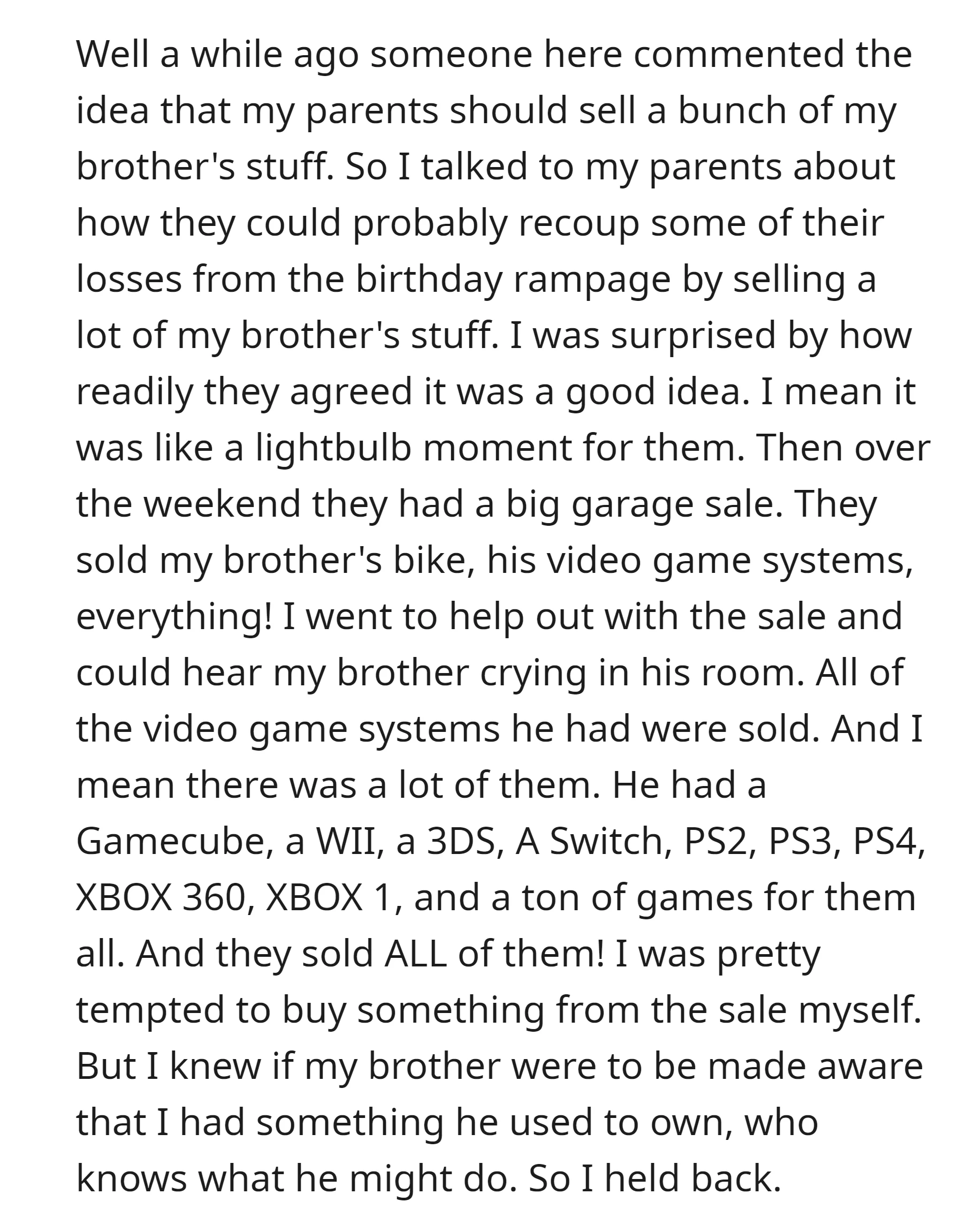 OP suggested to their parents that selling their brother's belongings