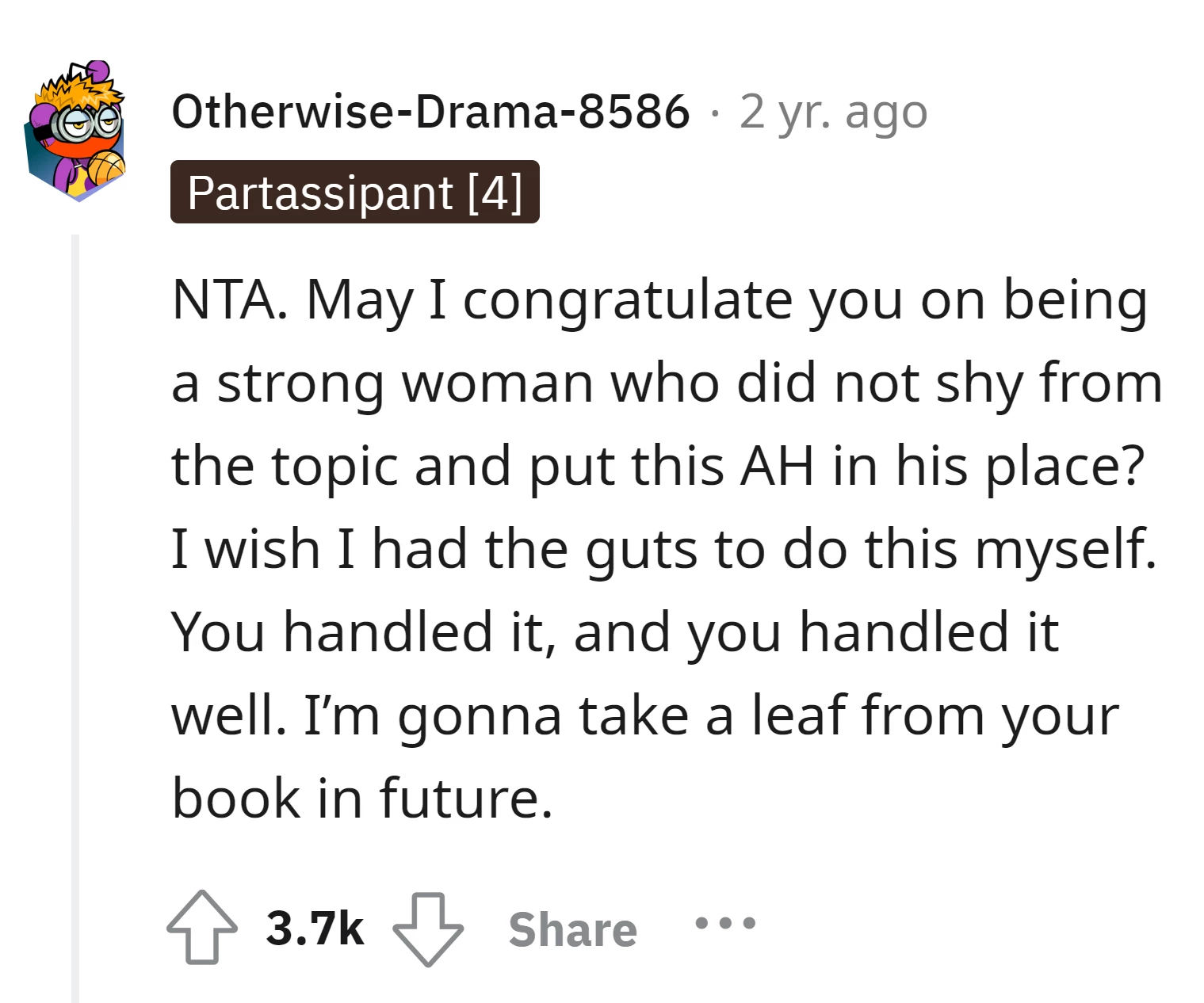 Commenter commends the OP for bravely addressing the inappropriate behavior