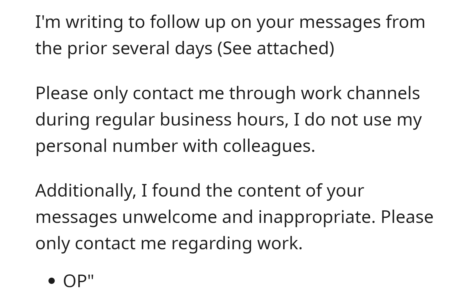 OP emailed the coworker to express discomfort with the inappropriate messages