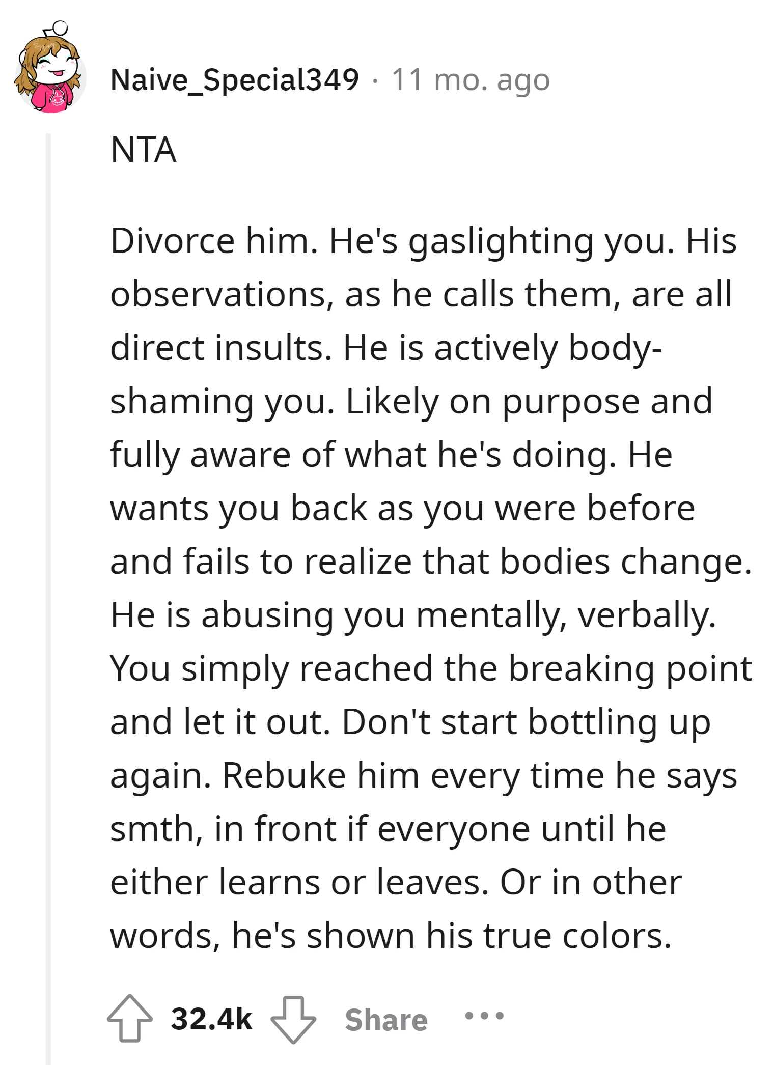 The commenter advises the OP to consider divorce