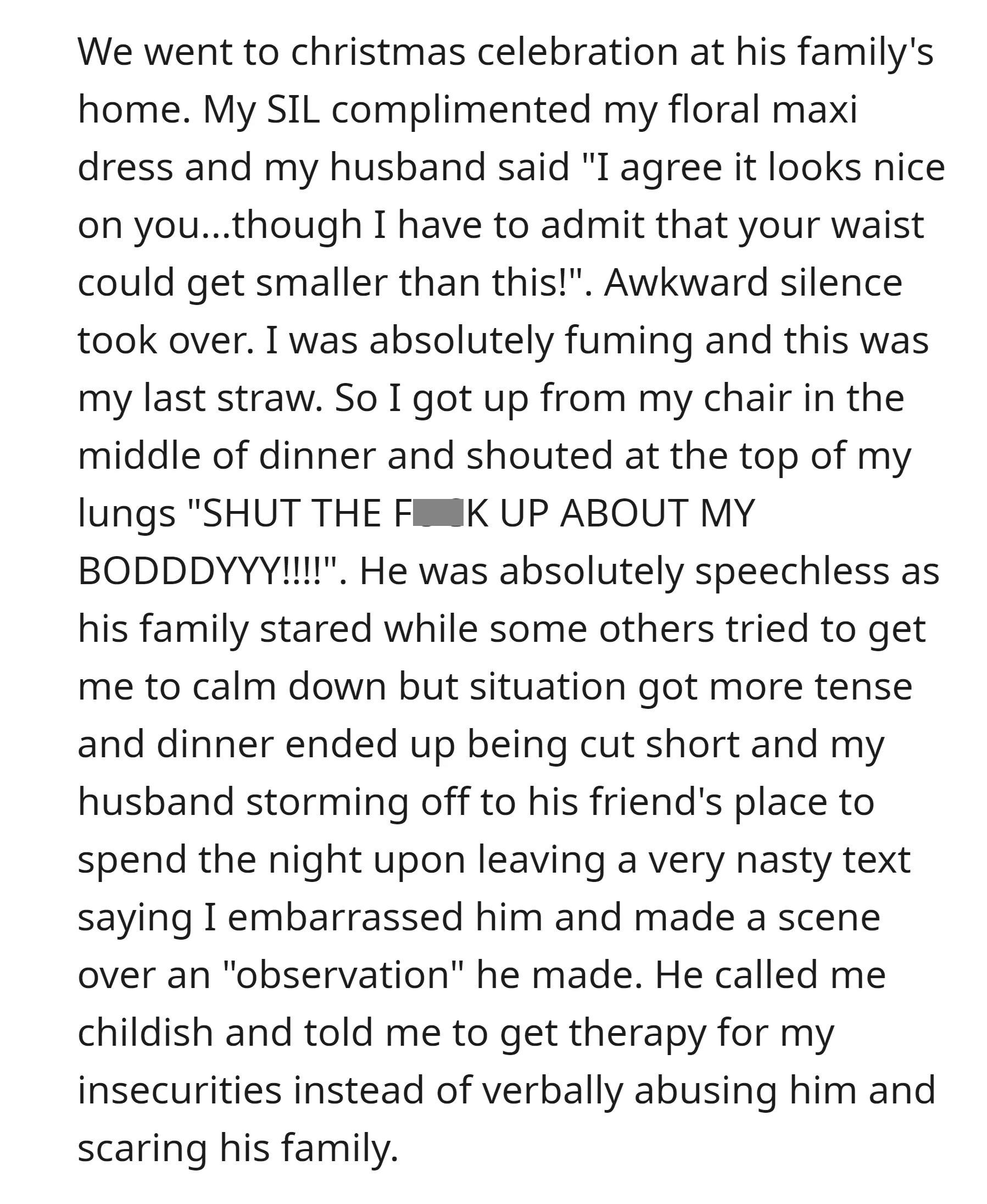 OP's husband made another hurtful comment about her body,