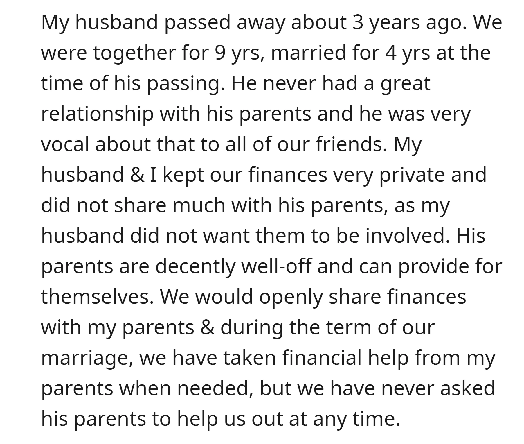 OP and her husband who passed away didn't have a great relationship with his parents