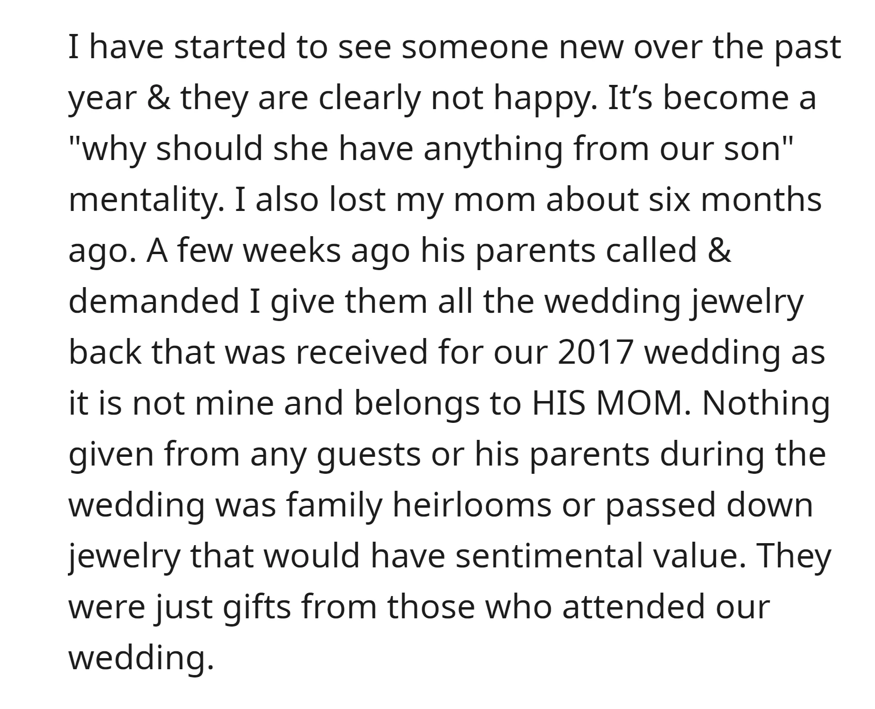 When OP started a new relationship, his parents demanded her to return of all wedding jewelry