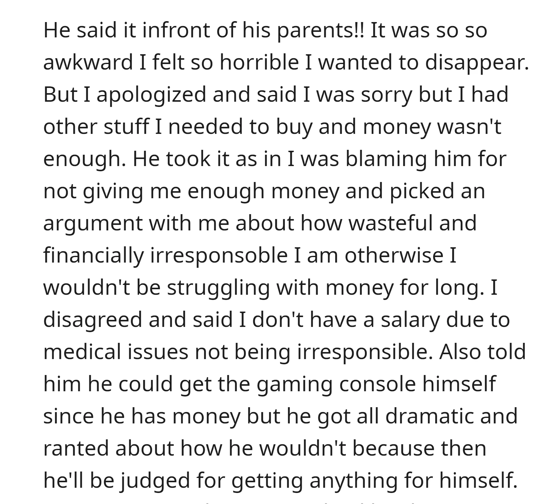 In front of his parents, OP's husband criticized her cheap gift