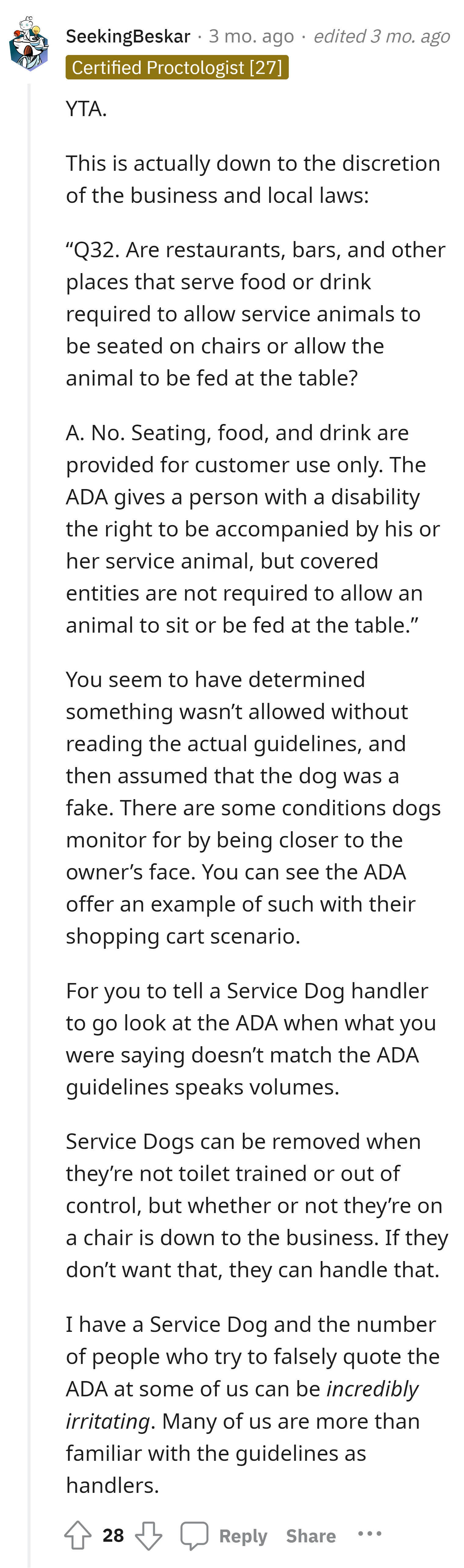 The seating of service dogs is at the discretion of the business and local laws