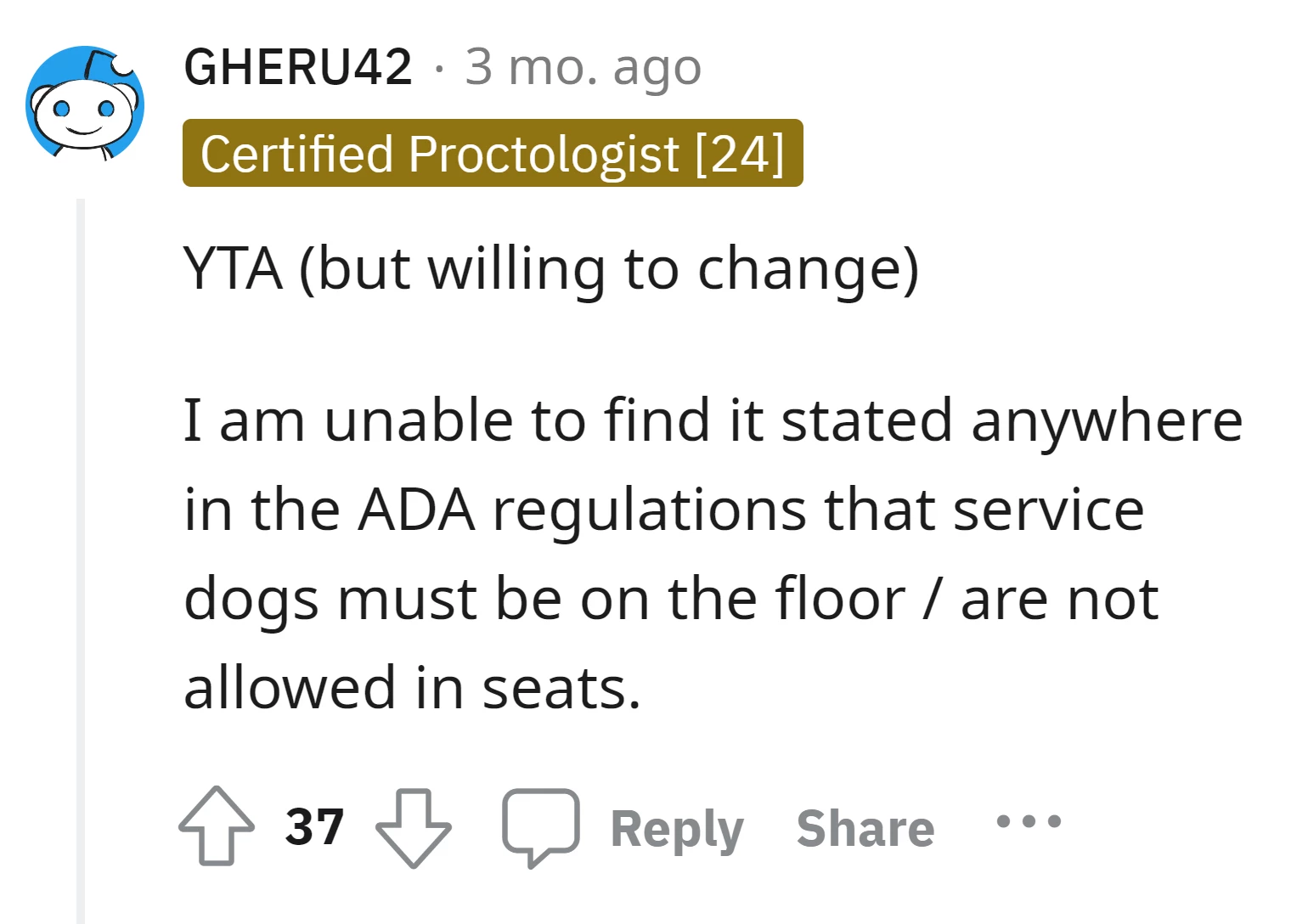 Commenter can't find any ADA regulations specifying that service dogs must be on the floor