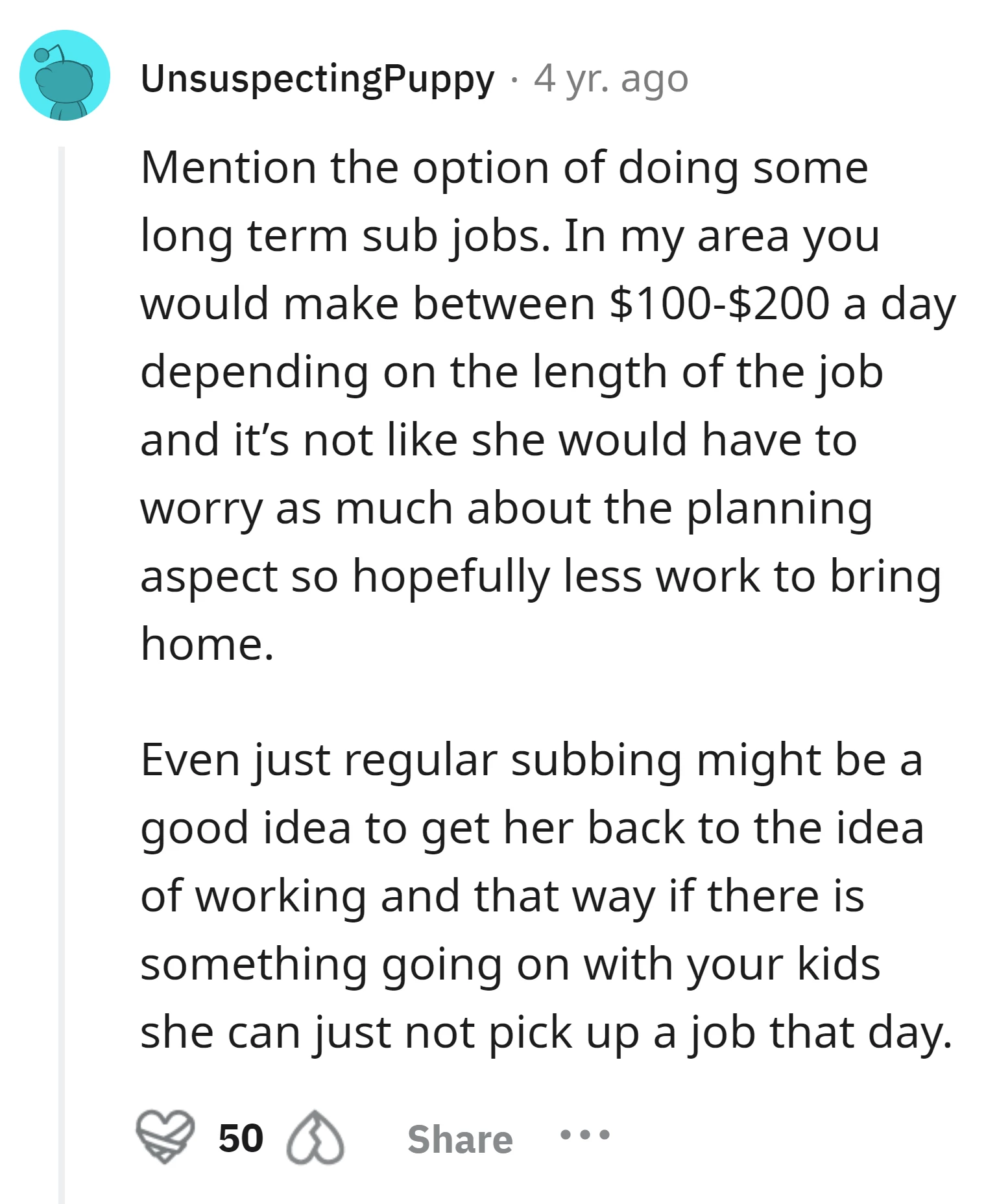 Redditor suggests proposing long-term substitute teaching jobs for the wife